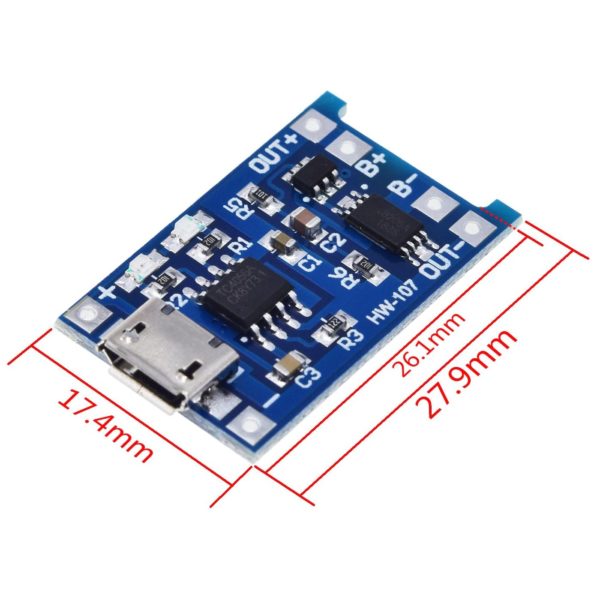 TP4056 Li-ion akkumulátor töltő modul, microUSB csatlakozó, BMS