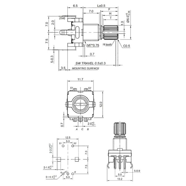 EC11 15mm rotary encoder incrementális jeladó fogazott tengellyel