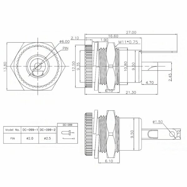 DC099 5.5x2.1mm fém csavarozható jack aljzat