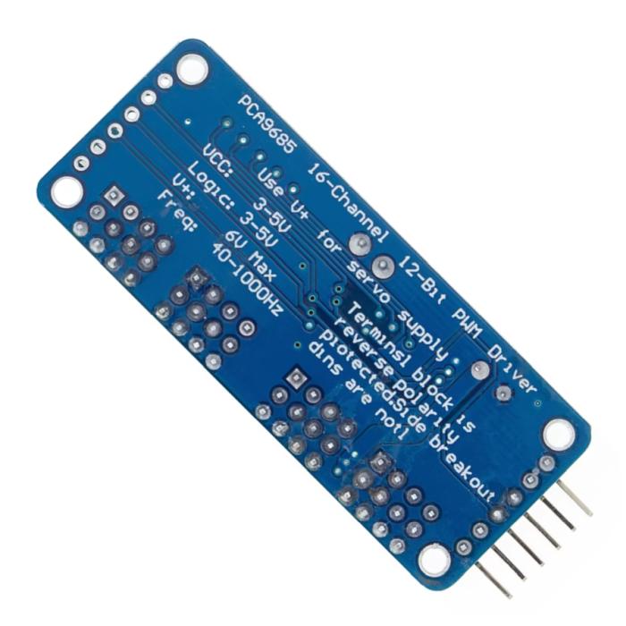 PCA9685 16 csatornás PWM szervódriver modul hátlap, VCC 3-5V, V+ max 6V, frekvencia 40-1000Hz feliratozással