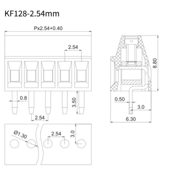 Beforrasztható 2.54mm-es sorkapocs, KF128, zöld