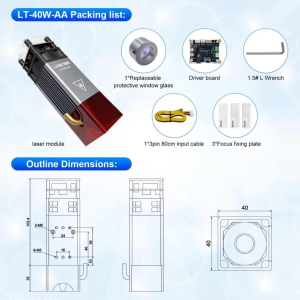 LT-40W-AA 5W 12V kék lézer modul gravírozáshoz, vágáshoz - Image 4