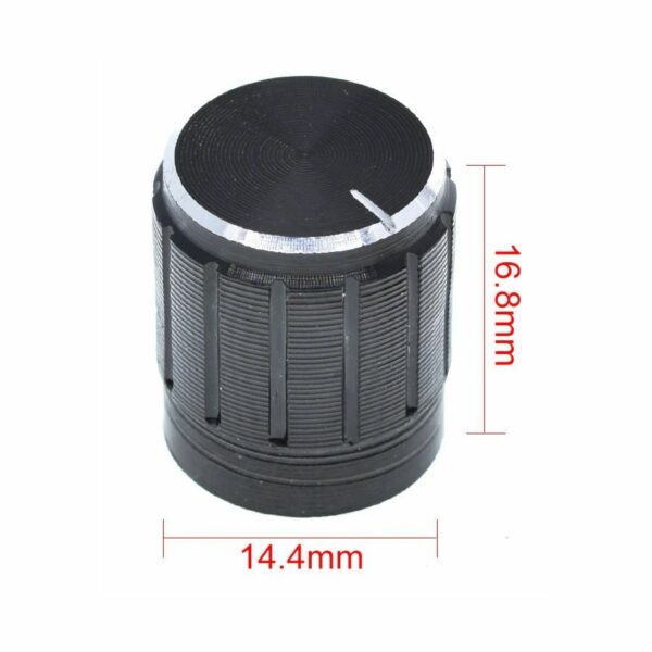 Egyszerű fekete fém potméter gomb, 14x17mm, fogazott tengelyre