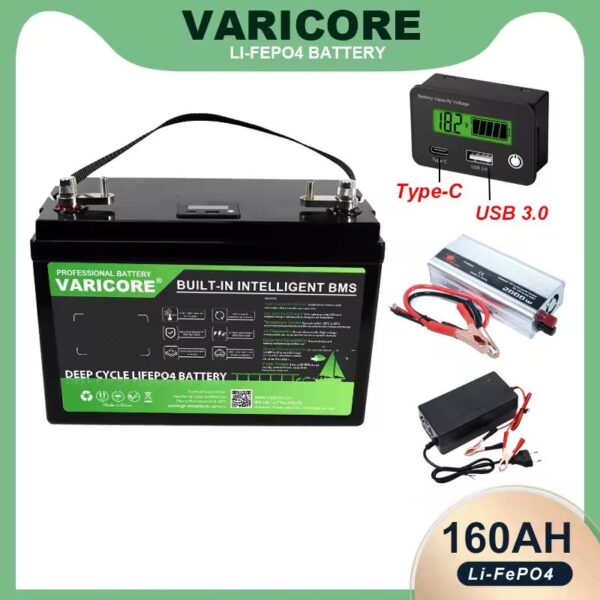 Varicore 12V 160Ah LiFePO4 akkumulátor 10A-es töltővel és 2000W-os inverterrel